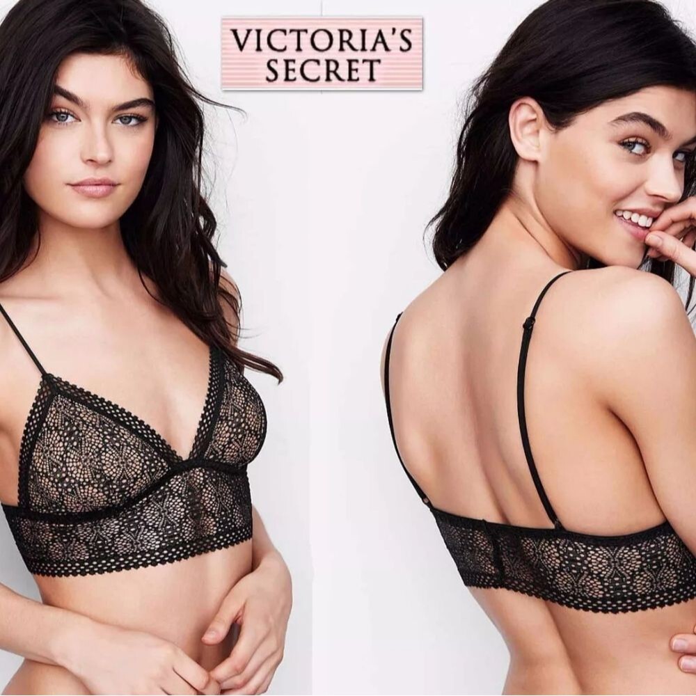 Victoria's Secret Black Long Line Stretch Geometric Crochet Lace Bralette Small
